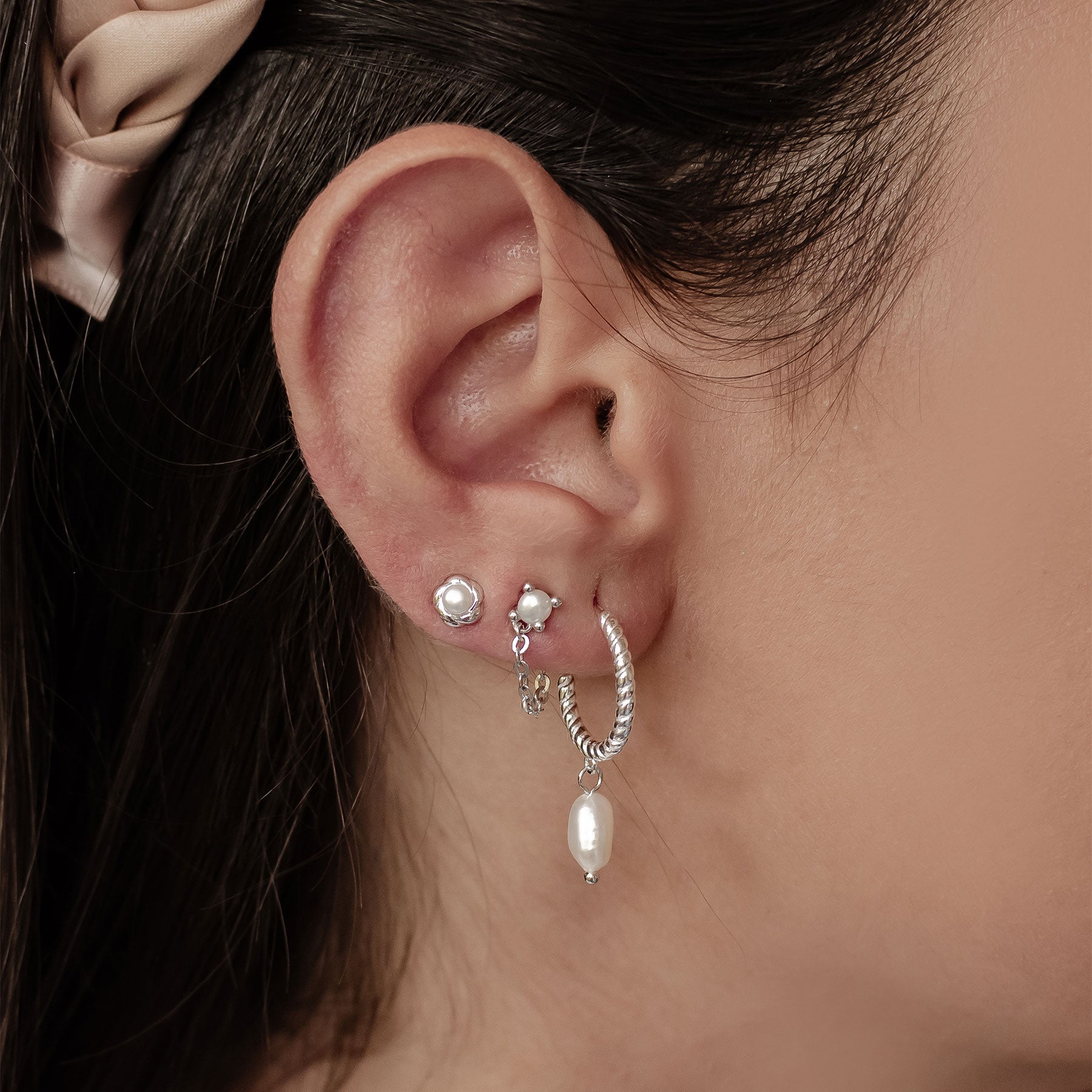 Set Pendientes Botón y Aro Perla Plata de Ley 925